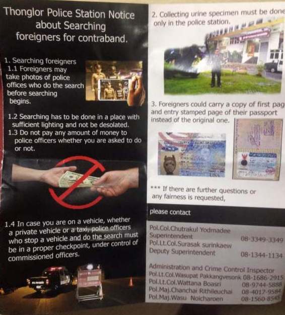 stop-and-searches-thailand-thonglor-police-pamphlet-leaflet-drug-tests-passports